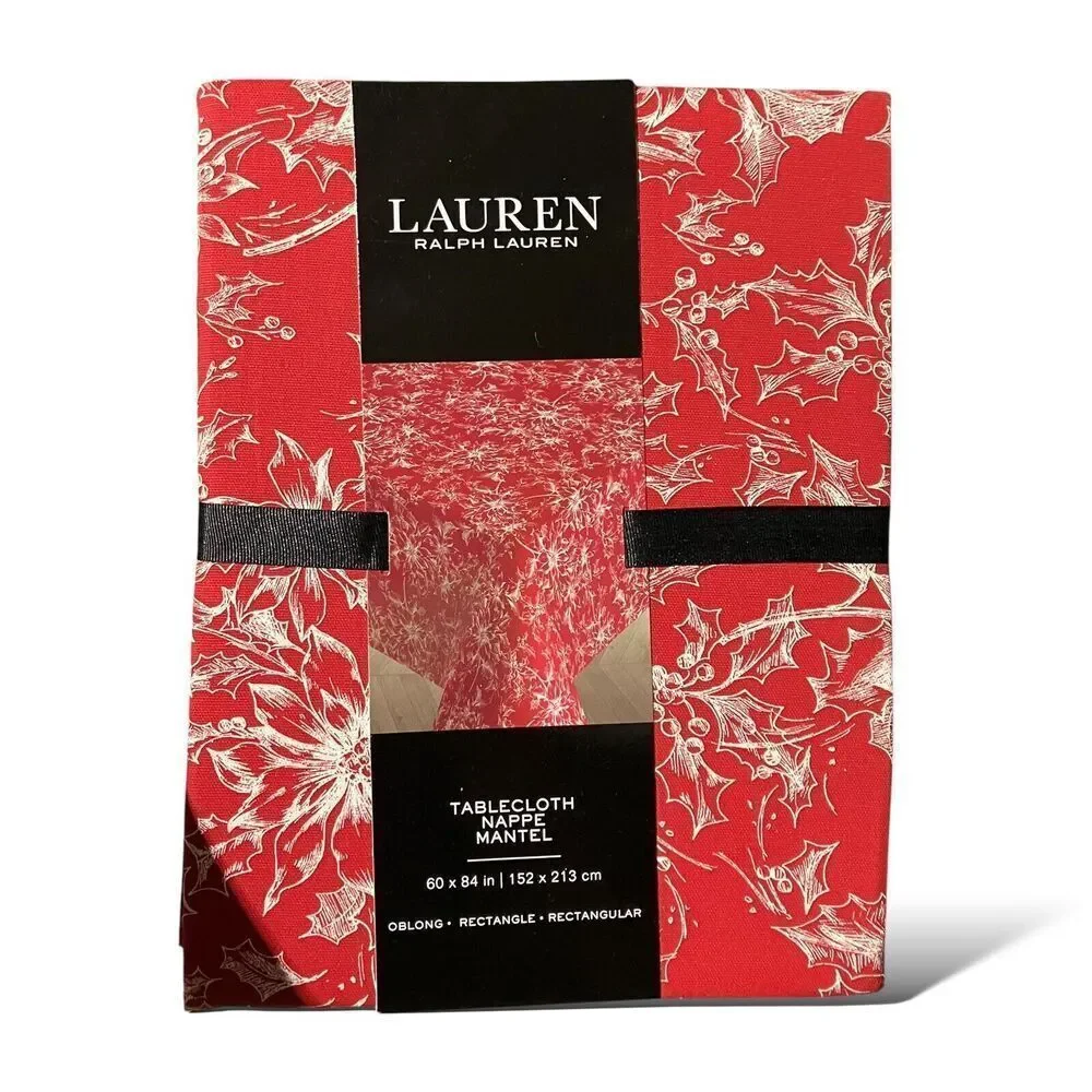 Ralph‎ Lauren Tablecloth 60x84 Red Christmas Festive Rectangle Poinsettia Cotton